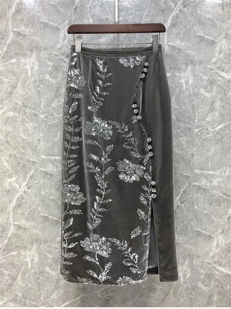 Retro Green Velvet Split Skirt Women Sequin Floral Heavy Industry High Waist A Line Long Dress Elegant Mid Length Skirt Fashion - M & M Global