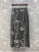 Retro Green Velvet Split Skirt Women Sequin Floral Heavy Industry High Waist A Line Long Dress Elegant Mid Length Skirt Fashion - M & M Global