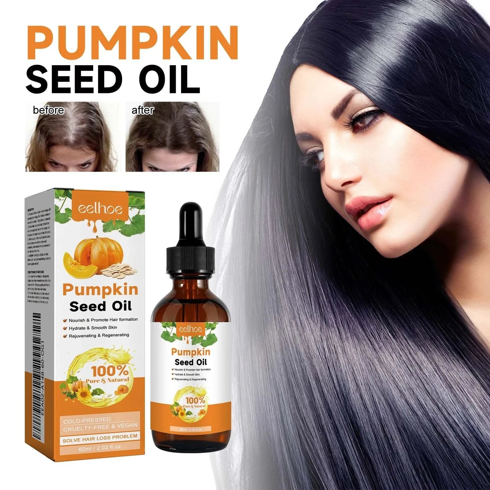 EELHOE 60ml Pumpkin Seed Oil Hair Care Essential Oil Moisturizing Smoothing Repairing Hair Roots Hair Oil For Women - M & M Global