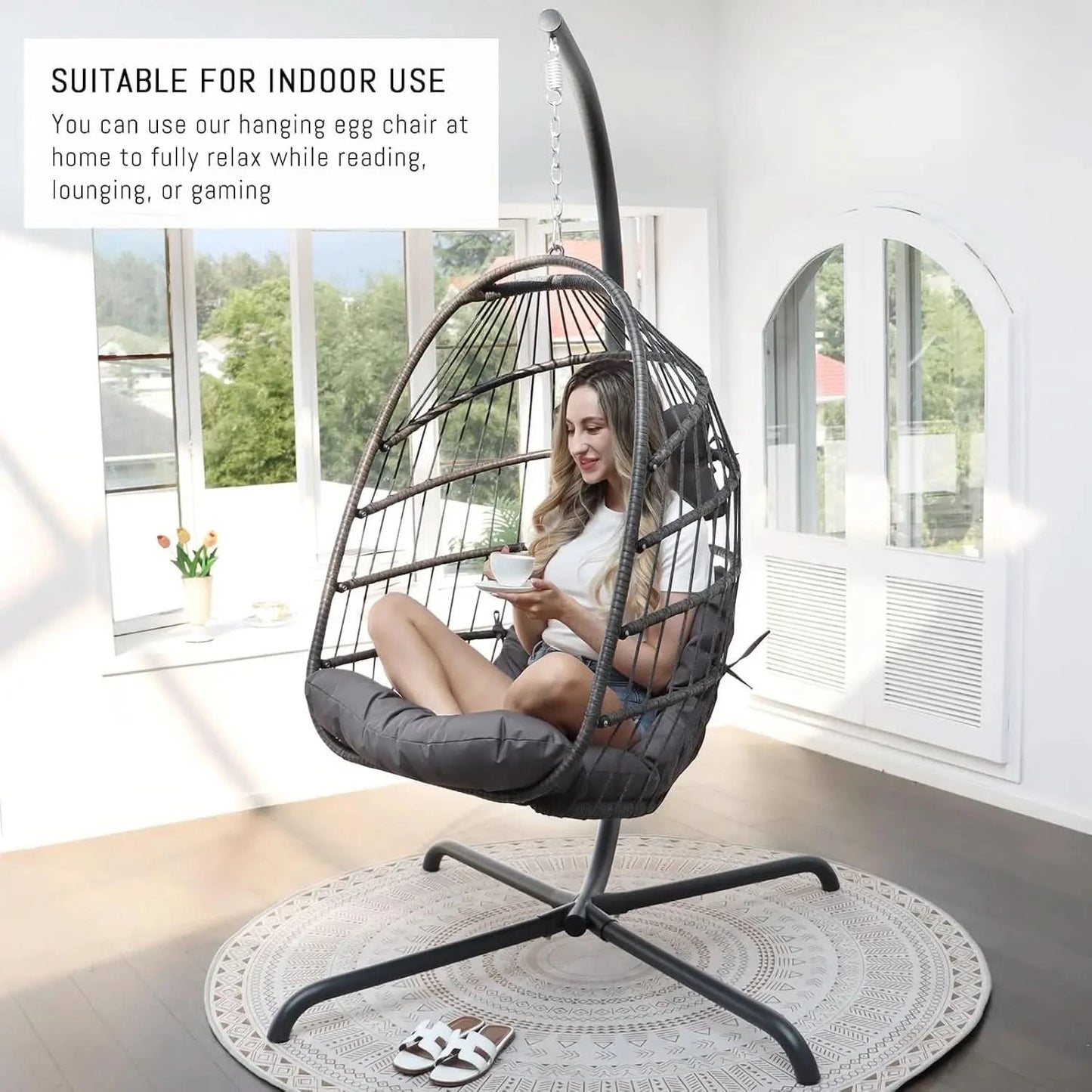 Outdoor Hanging Egg Chair with Stand, 350Lbs Sturdy Wicker Egg Swing Chair for Outside, Comfortable Rattan Patio