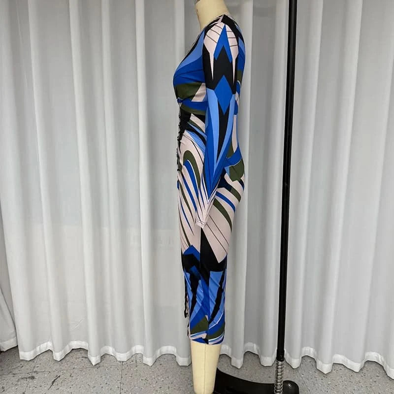 Wefads Long Dress Women Clothing Printed Long Sleeve V Neck Pleated Nipped Waist Slim Slit Casual Dresses Streetwear - M & M Global