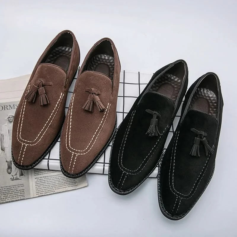 Men's Loafers Brand Suede Leather Shoes Vintage Slip-on Classic Casual Men Driving Shoes Wedding Male Dress Shoes Tassel pointed - M & M Global