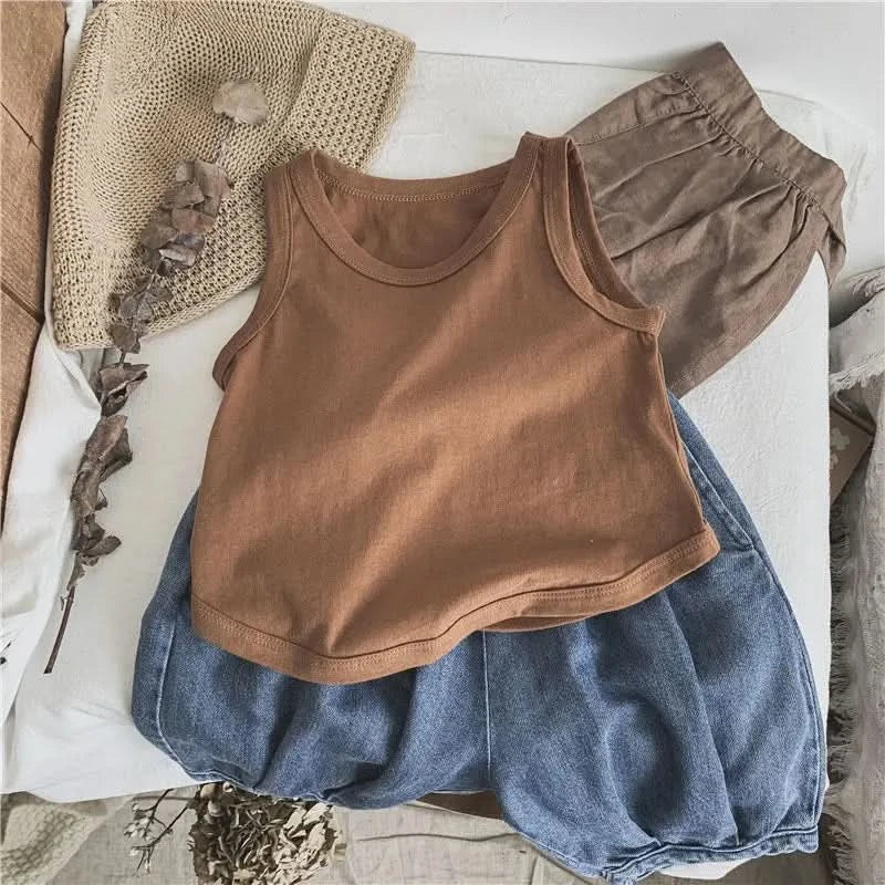 Korean Glutinous Kids Boys Tank Top Cotton Solid Round Collar Infant Babys Boy Vest Tees Thin Cool Sleeveless Tops For 1-6Y Boys - M & M Global