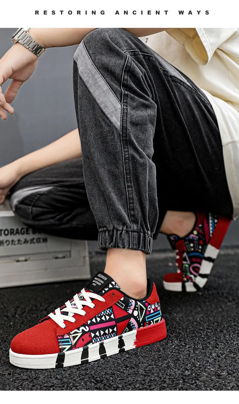YRZL Men's Sports Running Shoes Canvas Geometric Style Lace-Up Sneakers Couples' Fashionable Graffiti Print Skate Shoes Men - M & M Global