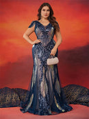 Plus Size Luxury Cap Sleeves V-back Sequins Formal Evening Dresses 2026 Elegant Mermaid Wedding Party Cocktail Family Gowns