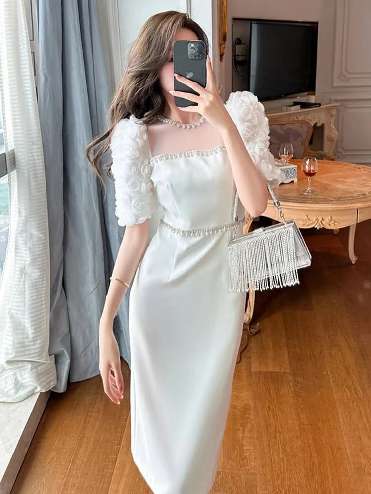 Fashion Elegant Formal Dresses Sweet Celebrity Beaded White Long Dress Sheer Mesh Flowers Split Robe Femme Prom Party Vestidos - M & M Global