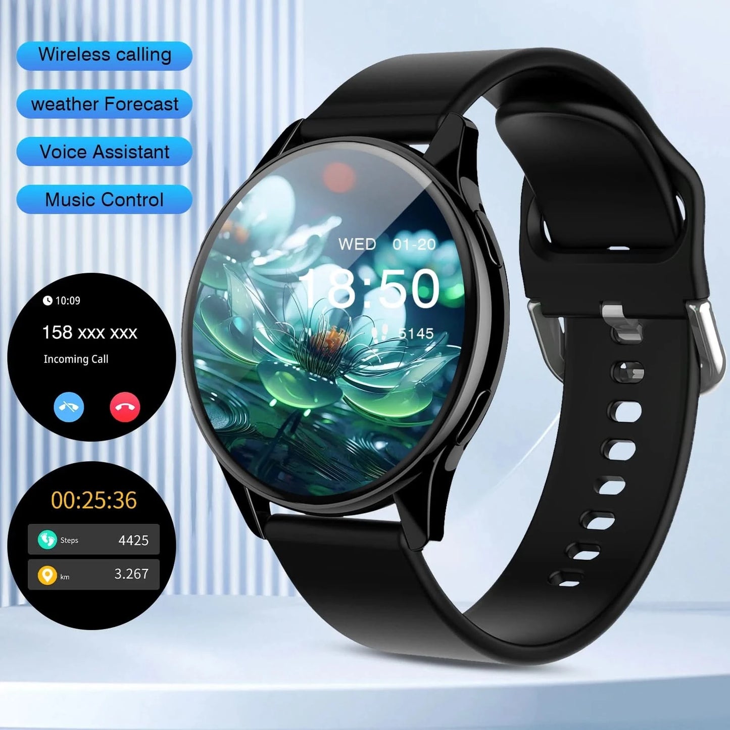 2025 new smart watch, Bluetooth call, message reminder, music playback, shutter control, weather forecast, unisex