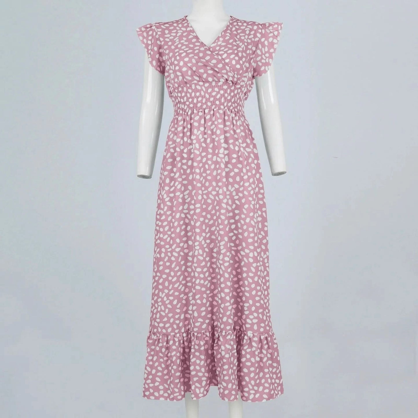 Polka Dot Dress For Women Sexy V-Neck Long Dress Casual And Fashionable Ruffle Edge Short Sleeved High Waisted Dress - M & M Global