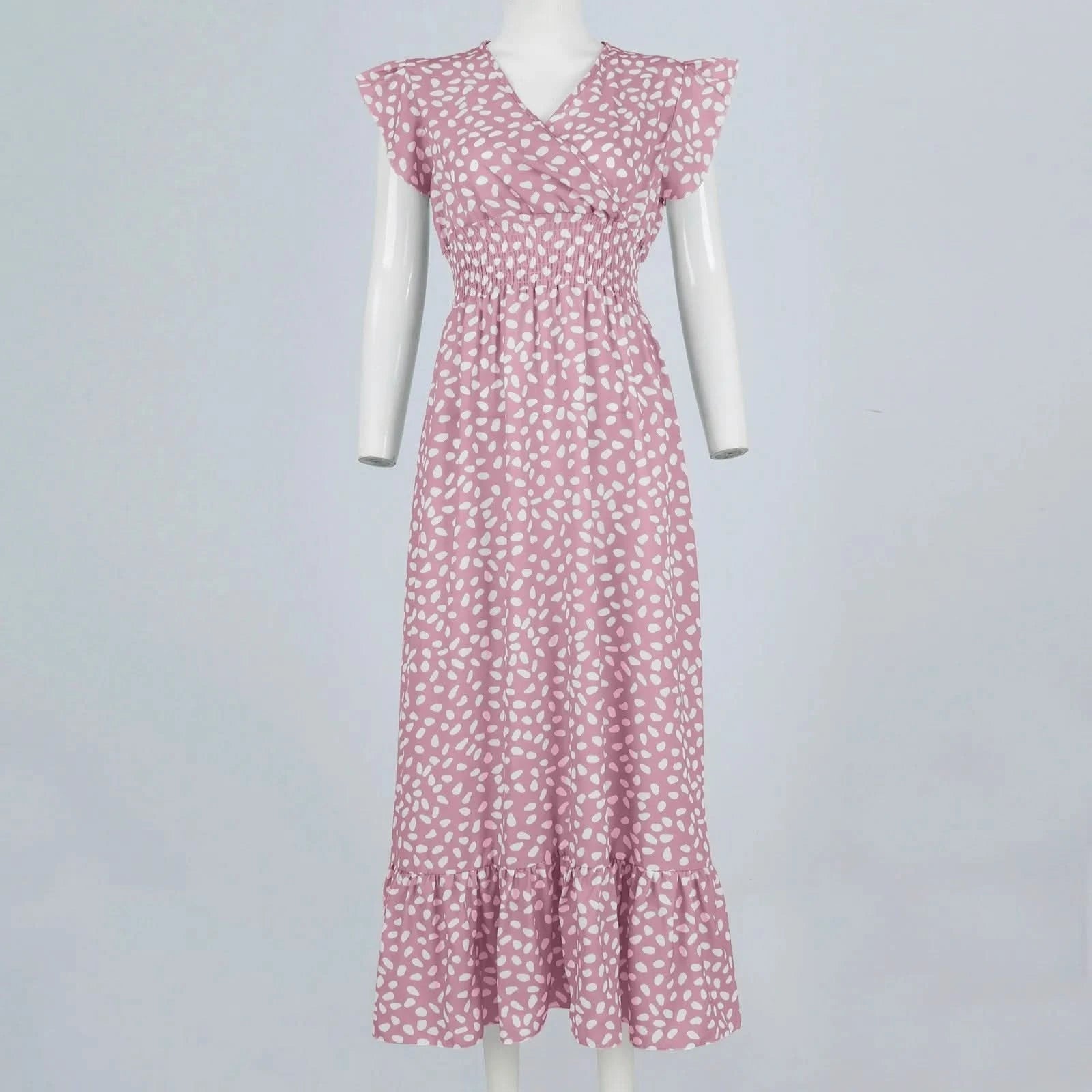 Polka Dot Dress For Women Sexy V-Neck Long Dress Casual And Fashionable Ruffle Edge Short Sleeved High Waisted Dress - M & M Global