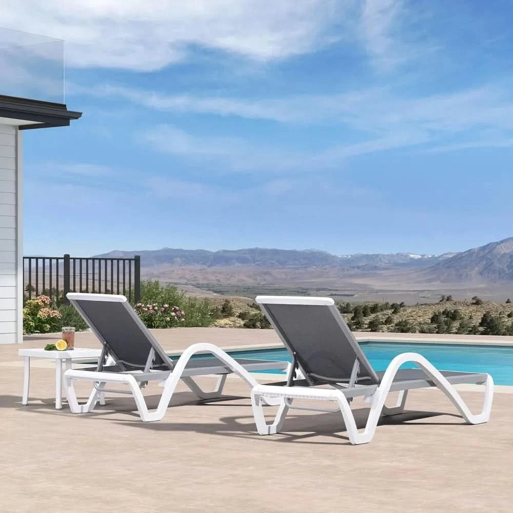 Patio Chaise Lounge Chair Set of 3 Outside Aluminum Plastic Stackable Tanning Chairs with Armrests and Side Table for Pool Sunb
