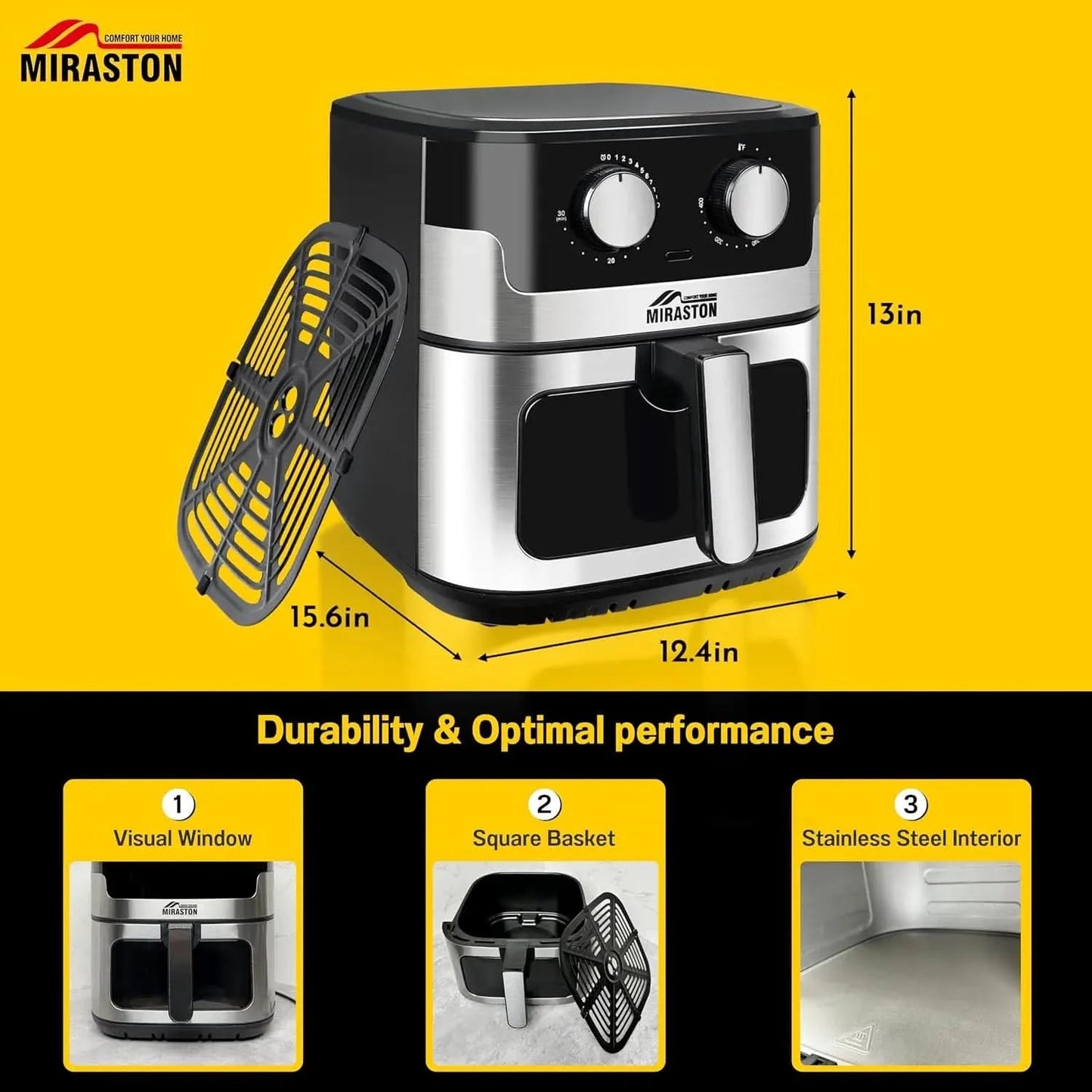 8.5QT Air Fryer, Upgraded Family Size Capacity, Visual Window, Square Basket Dials Stainless Steel Air Fryers, Reheat Leftovers, - M & M Global