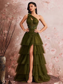 Luxury Skew-shouldered Fishbone Applique Cake Dress Elegant Tulle Slit Formal Evening Dresses Elegant Backless Party Gowns