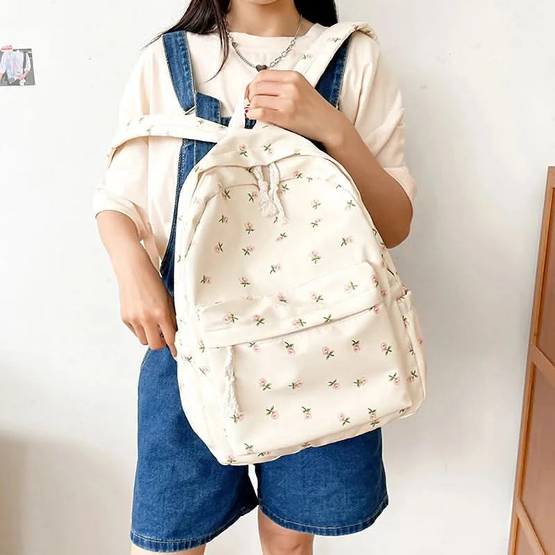 Student School Backpack Floral White School Bags For Teenage Girls Cute Women's Backpack Book Bag Nylon Rucksack - M & M Global