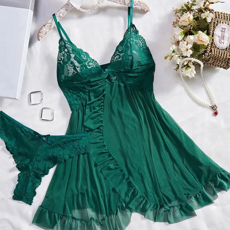 Tulle Suspenders Exquisite Women's Lencerias Lace V-Neck Underwear Semi-transparent Thong Dress Set Females Lingerie Nightgowns - M & M Global