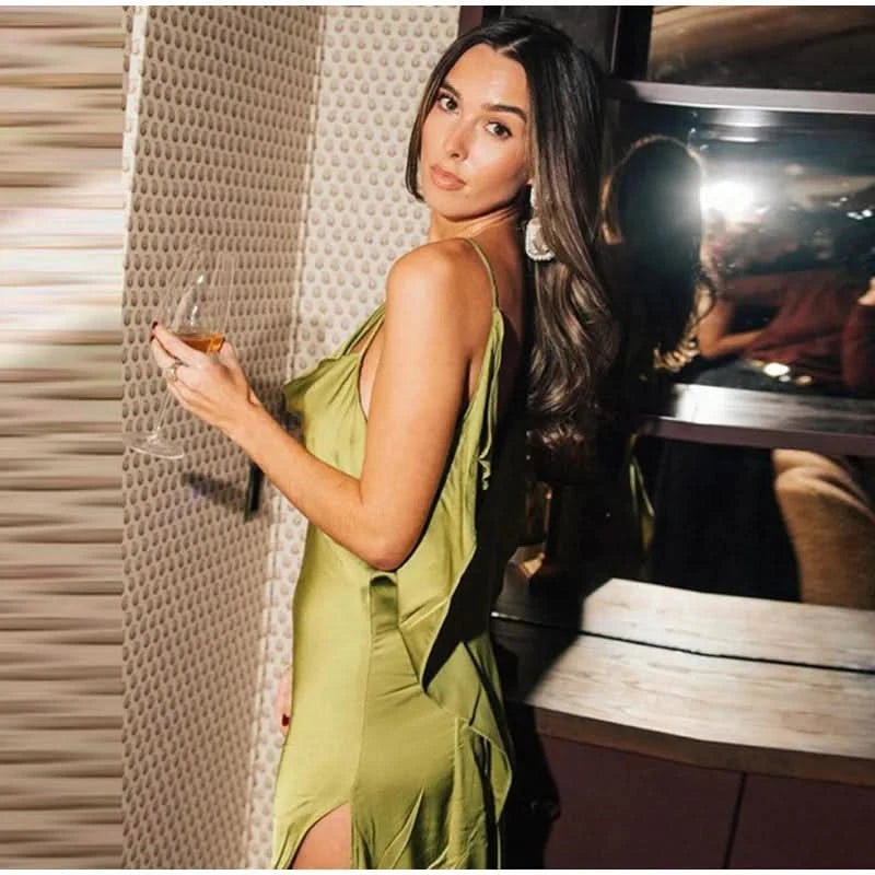 Elegant Green Satin Ruffles Sling Long Dress Women Sexy Backless Sleeveless Split Slim Dresses Lady 2025 New Party Club Vestidos - M & M Global
