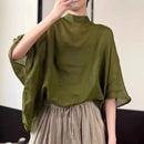 ZANZEA Women 3/4 Bat Sleeve Blouse Oversized Asymmetrical Tops 2024 Summer Stand Collar Tunic Casual Loose Transparent Thin Tops