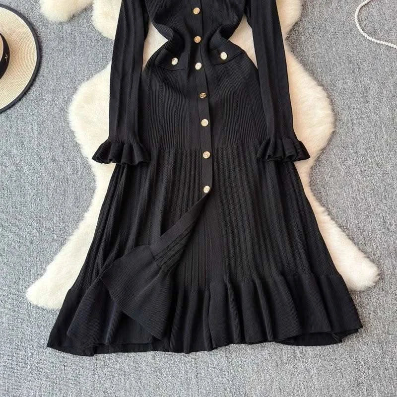 2024 Green Fashion Autumn Winter Knitted Long Dress French Style Letter Buttons Elegant Sweater Dress Lady Office Bodycon - M & M Global
