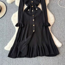 2024 Green Fashion Autumn Winter Knitted Long Dress French Style Letter Buttons Elegant Sweater Dress Lady Office Bodycon - M & M Global