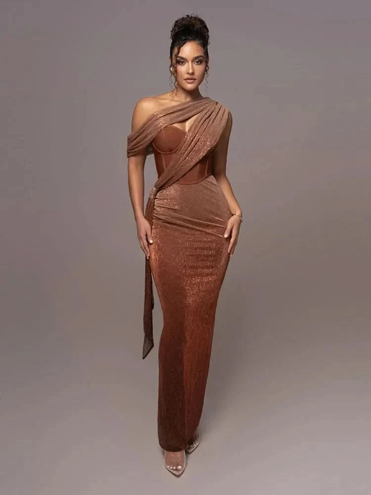 Sexy One Shoulder Draped Glitter Long Dress Women Brown Corset Sparkly Backless Bodycon Maxi Dresses Evening Party Gowns - M & M Global