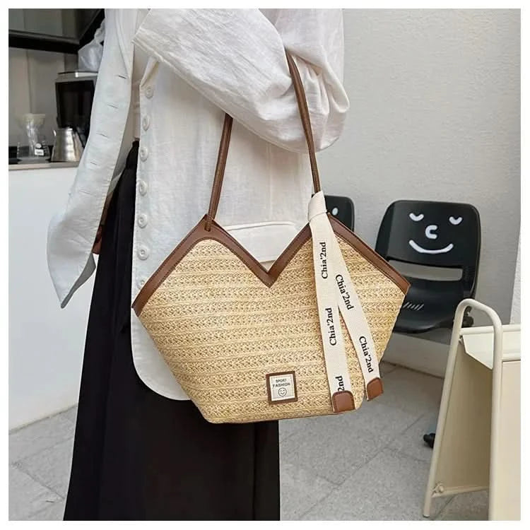 Straw Beach Bag Vintage Handmade Woven Shoulder Bag Raffia circle Rattan bags Bohemian Summer Vacation Casual Bags - M & M Global