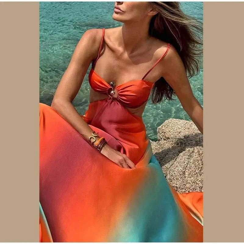 Bohemia Gradient Printed Sling Beach Maxi Dress Women Spaghetti Strap Sleeveless Backless Long Dress Female Hollow Out Chic Robe - M & M Global