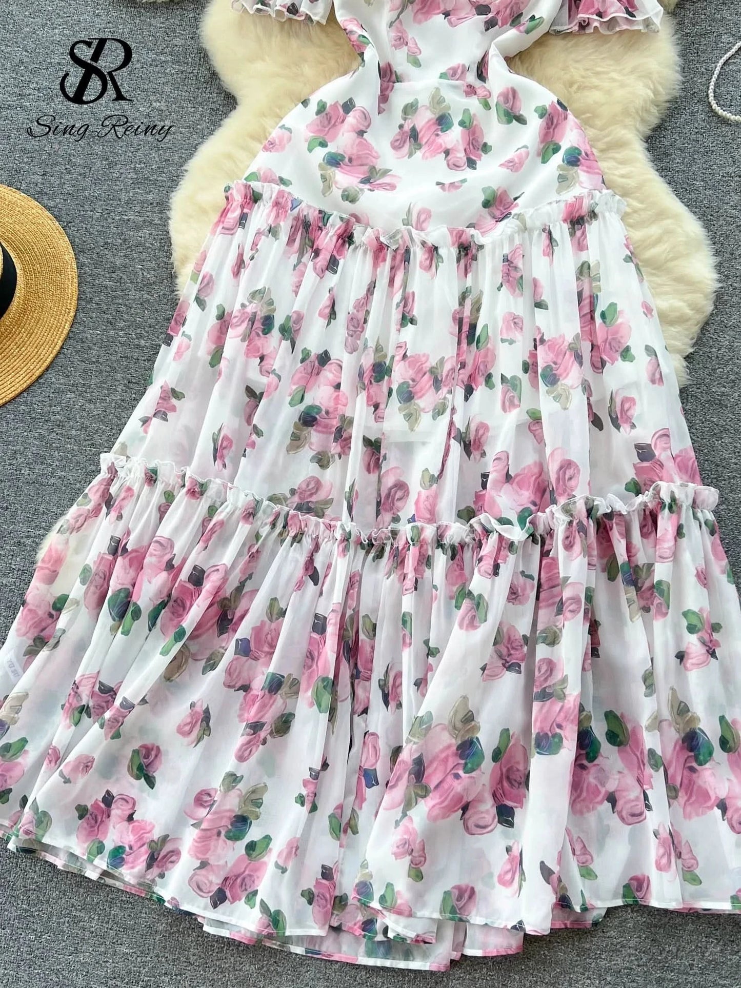 SINGREINY Beach Vacation Floral Print Dress Women Backless Lace Up Cross Bandage Ruched Korean Hotsweet Fashion Party Long Dress - M & M Global