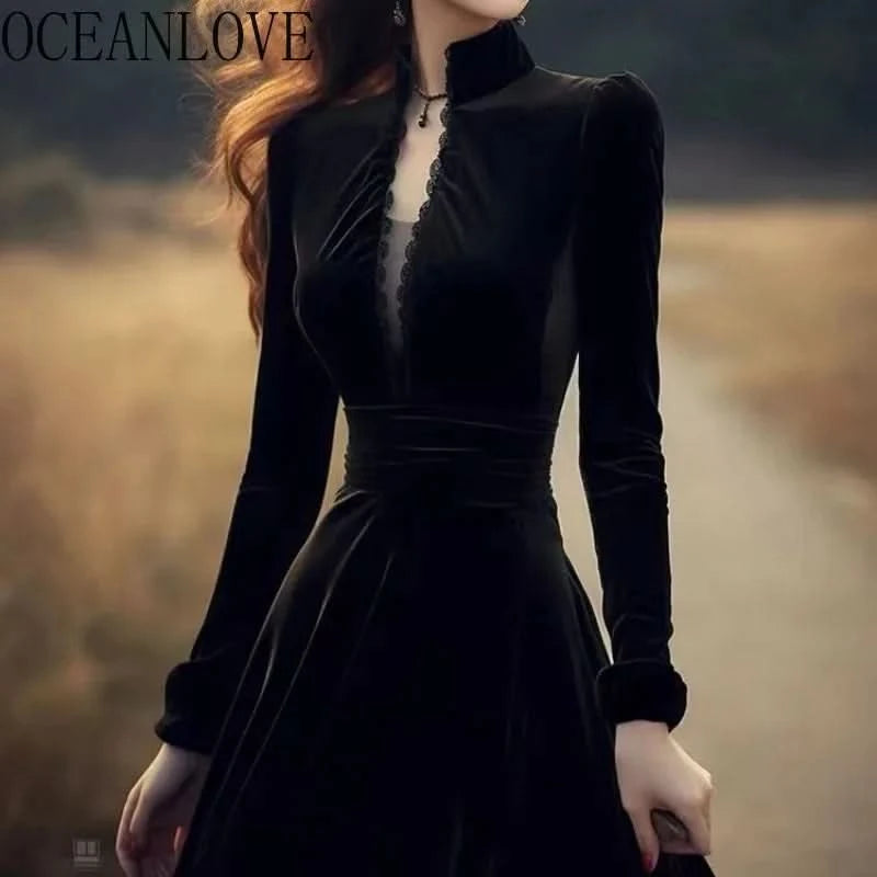 OCEANLOVE Autumn Winter Dresses for Women Hepburn Style Vintage Solid Black Vestidos Mujer Stand Collar Elegant Long Dress - M & M Global