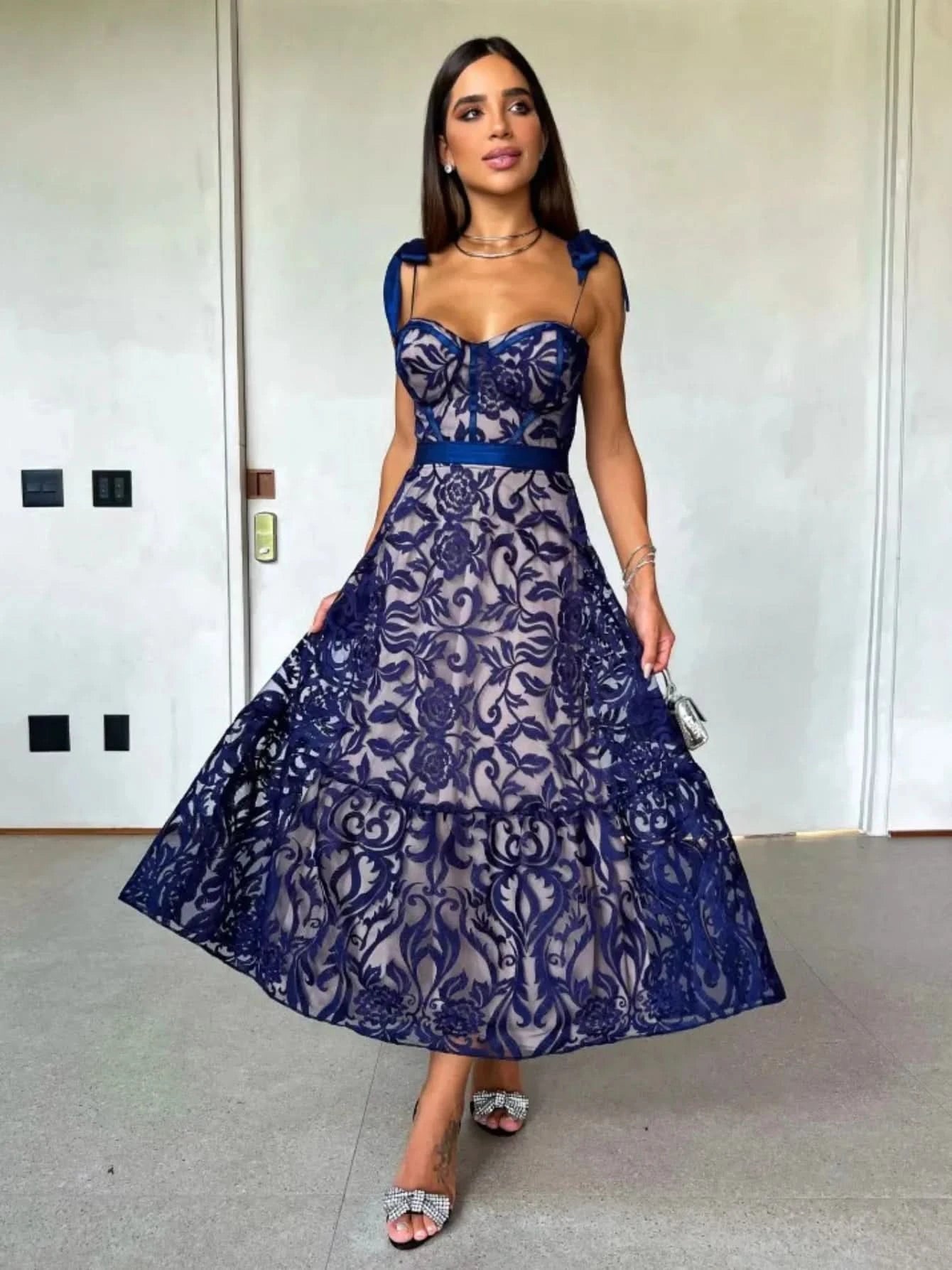 Sexy Lace Jacquard See Through Women Dress Sleeveless Tie Up Backless lace Long Dress Summer Party Ladies Bandage Party Dress - M & M Global