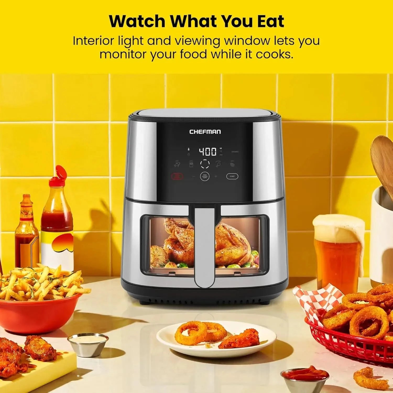 Easy-View Air Fryer - 8 Qt Family Size with Viewing Window, One-Touch Digital Control with 4 Presets, Nonstick & Dishwasher Safe - M & M Global