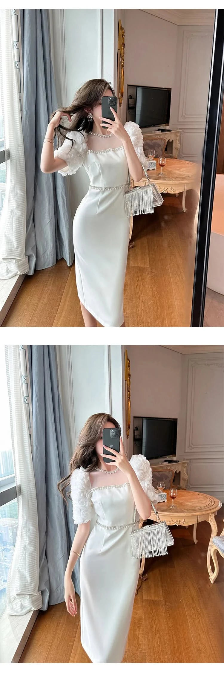 Fashion Elegant Formal Dresses Sweet Celebrity Beaded White Long Dress Sheer Mesh Flowers Split Robe Femme Prom Party Vestidos - M & M Global