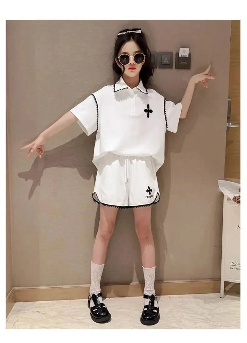 Girls Summer Polo Shirt Set Ruffle Collar T-Shirt Shorts Two-Piece Korean Style Mid-Big Children Fashionable Clothing - M & M Global