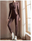 Womens Yoga Jumpsuits Long Sleeve Thin Slim Fit Stretch One Piece Playsuits Romper Sexy Fitness Female Basic Zipper Sportwears