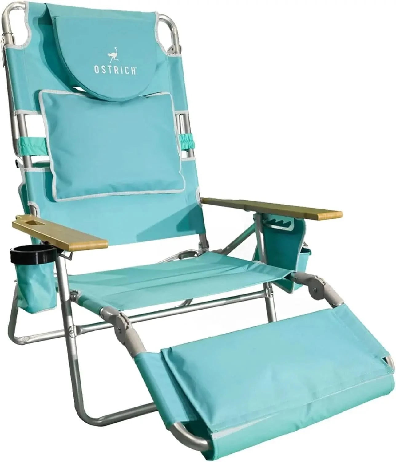 Ostrich Deluxe 3N1 Padded Beach Chair w/ Face Cushion & Arm Holes, Teal - Lightweight Folding Recliner w/ Adjustable Backrest