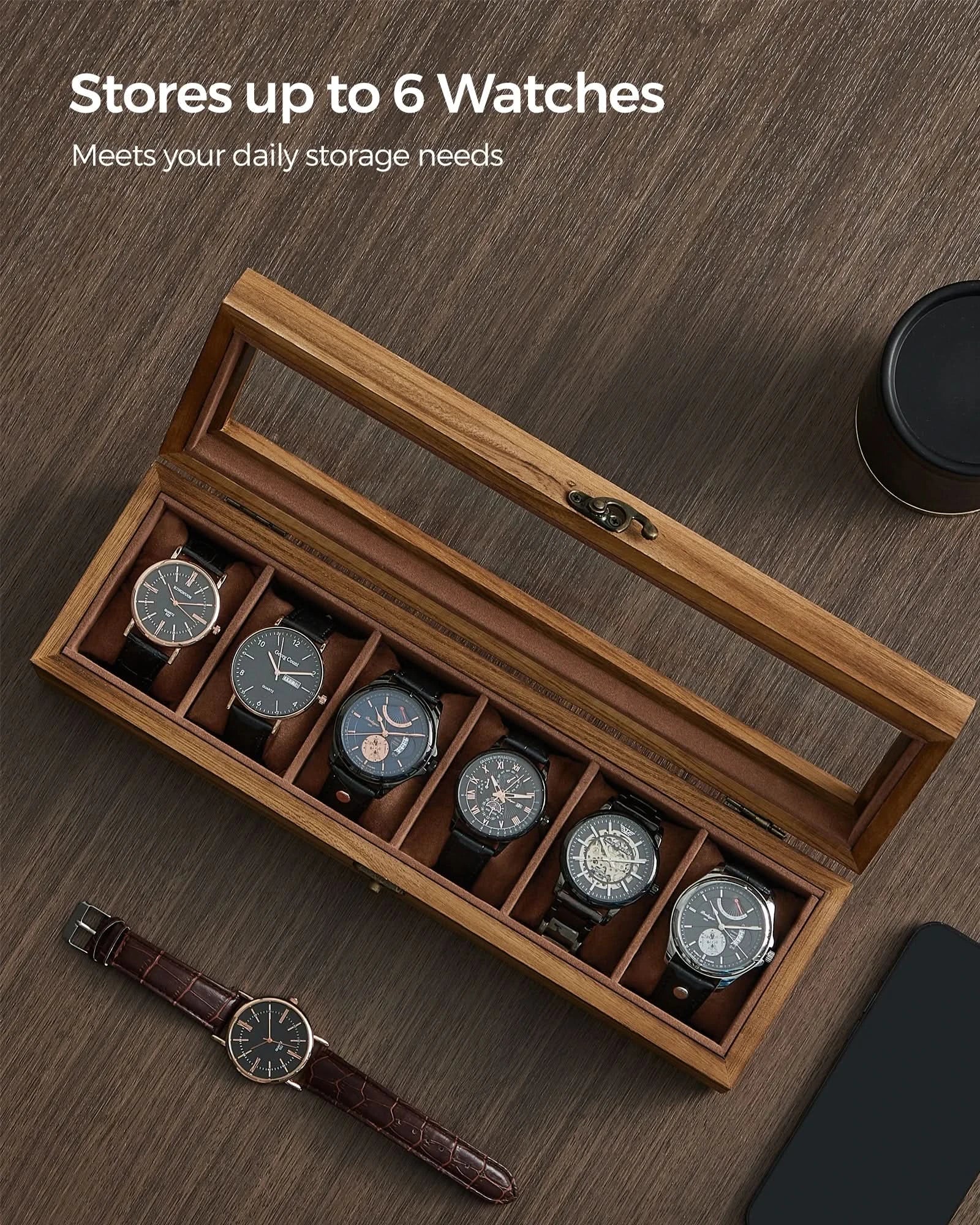 SONGMICS Watch Box, 6-Slot Watch Case, Solid Wood Watch Box Organizer with Glass Lid, Watch Display Case with Removable Pillows - M & M Global
