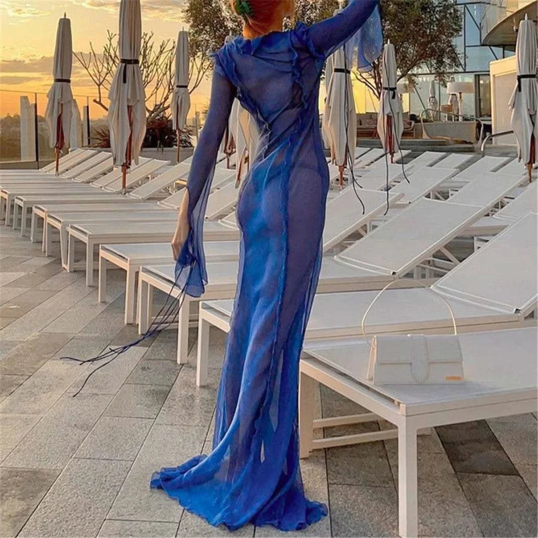 Deep V Neck High Split Long Dress Ruffles Beach Cover Up Bikini Cover-ups Beach Dress Beach Wear Beachwear Female Women V4440 - M & M Global