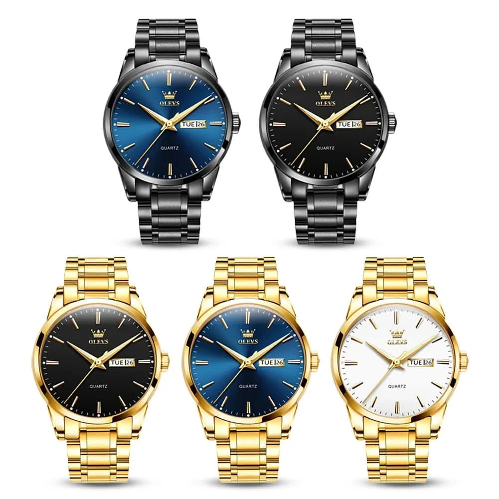 OLEVS Men Watches Waterproof Stainless Steel Quartz Male Wristwatch Gold Watch Fashion Luminous Luxury Calendar Business Clock - M & M Global