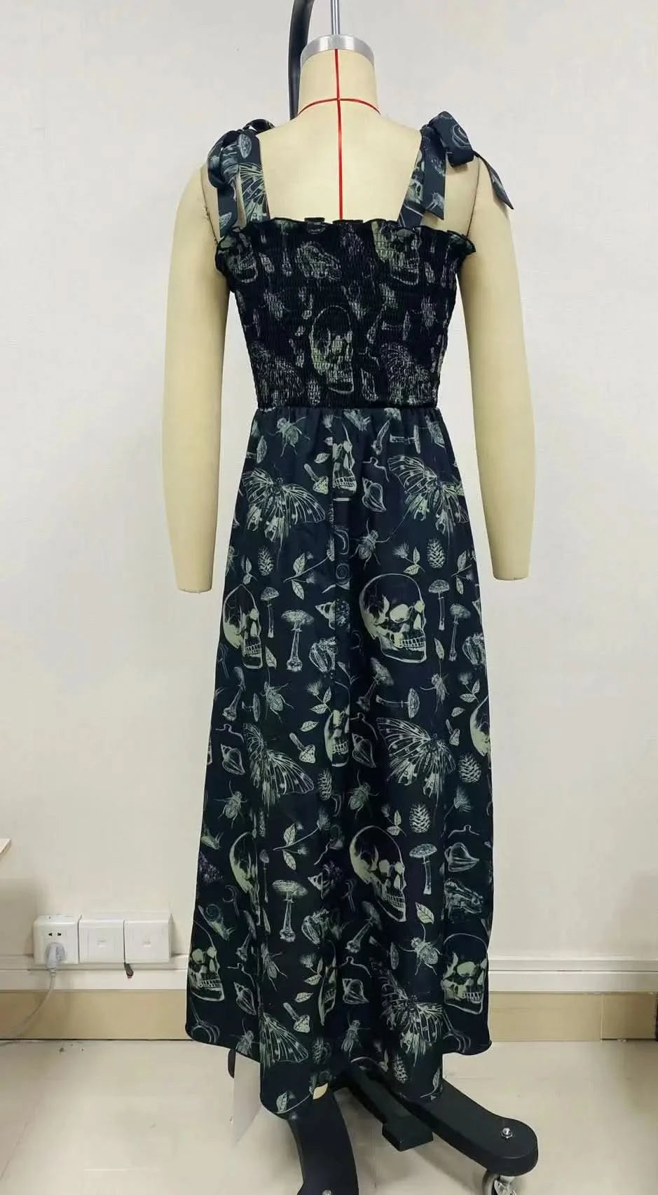 Goth Dark Fairy Grunge Y2k Aesthetic Skull Graphic Dresses Mall Gothic Shirring Lace Up Long Dress Punk A-line Slim Emo Clothing - M & M Global