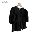 ZANZEA Women Summer Tops Short Sleeve Blouse 2025 Casual Solid Color Tunic Female Ruffled Round Neck Pleated Blusas Oversized