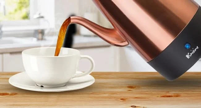 PER12 Stainless Steel Electric Coffee Percolator, 12 Cup, Polished Copper Finish, Dripless Gooseneck Spout, Clear Glass Knob, Br - M & M Global
