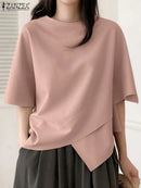 ZANZEA Women Asymmetrical T Shirt Fashion Summer Half Sleeve Tees 2024 Korean O-Neck Plain Tunics Casual Loose Solid Simple Tops