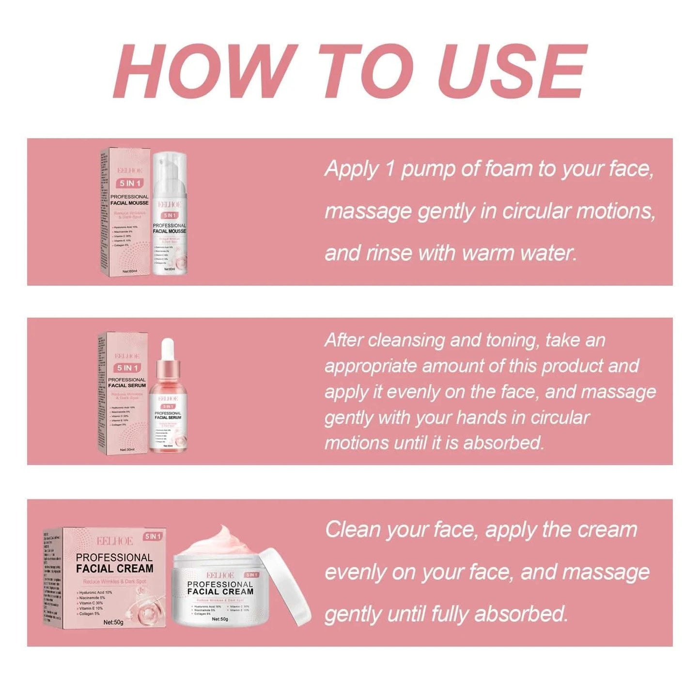 EELHOE 5 in 1 Face Serum for Glowing Skin Firming Micro Face Cream Anti Wrinkle Shrink Pores Cleansing Mousse Facial Skin Care - M & M Global