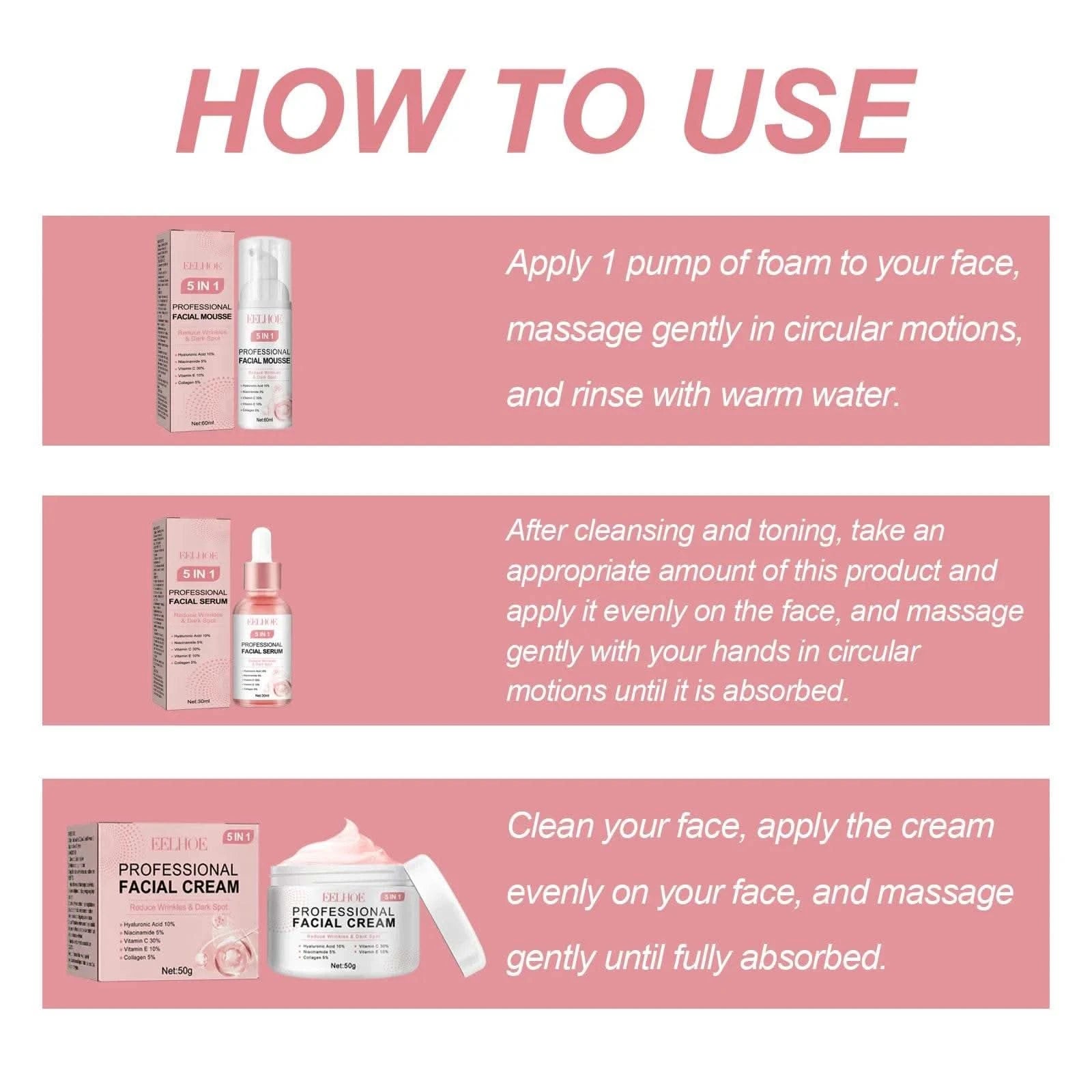 EELHOE 5 in 1 Face Serum for Glowing Skin Firming Micro Face Cream Anti Wrinkle Shrink Pores Cleansing Mousse Facial Skin Care - M & M Global