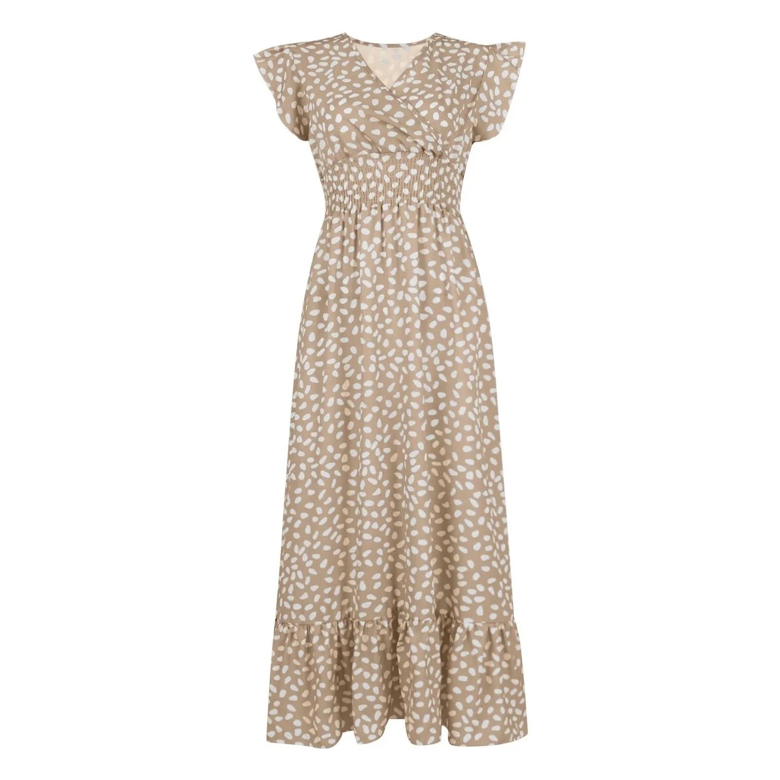Polka Dot Dress For Women Sexy V-Neck Long Dress Casual And Fashionable Ruffle Edge Short Sleeved High Waisted Dress - M & M Global