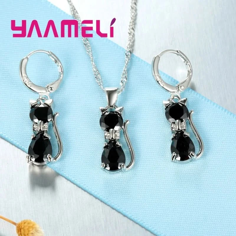 Real 925 Sterling Silver Color Jewelry Sets for Woman Girls Shining Austrian Crystal Cute Cat Pendant Necklace Huggie Earring - M & M Global