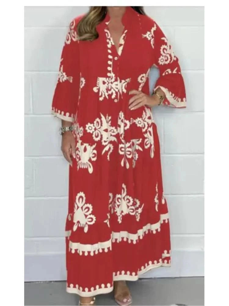 Women's Printed Loose Ethnic Retro Dress Spring Autumn V Neck Button A-Line Long Dress Summer 3/4 Sleeve Bohemian Maxi Dresses - M & M Global