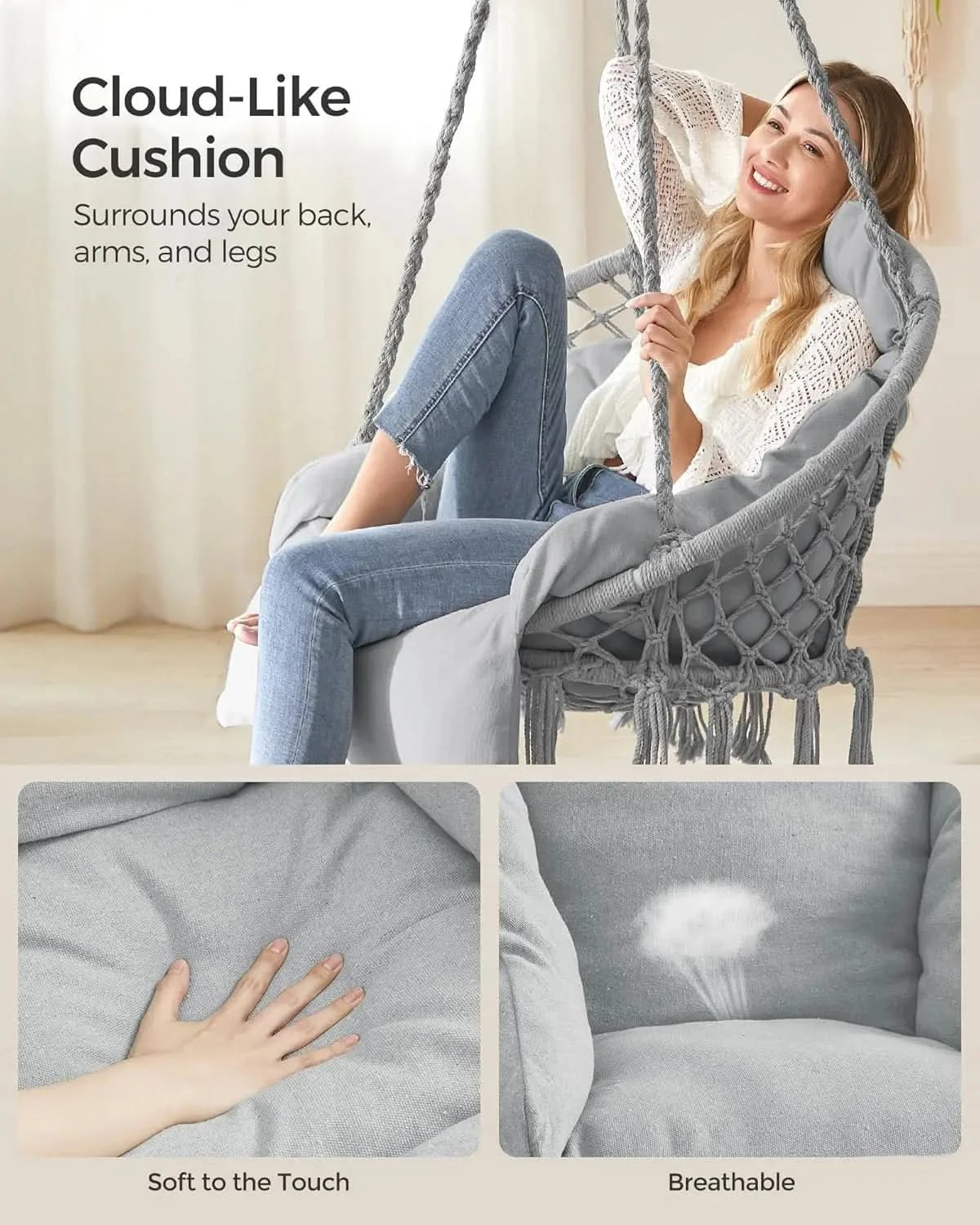 Hanging Chair. Hammock Chair with Thick Cushion. Boho Swing. Holds 264 lb. Accessories Included. Dove Gray. UGDC042G11.