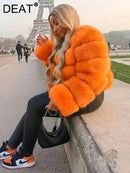 DEAT Fashion Orange Imitation Fox Fur Grass Coat Women's Round Neck Plush Thick Jacket Winter New 7A1578