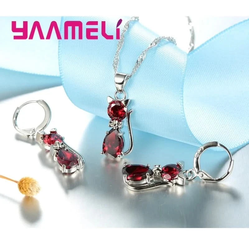 Real 925 Sterling Silver Color Jewelry Sets for Woman Girls Shining Austrian Crystal Cute Cat Pendant Necklace Huggie Earring - M & M Global