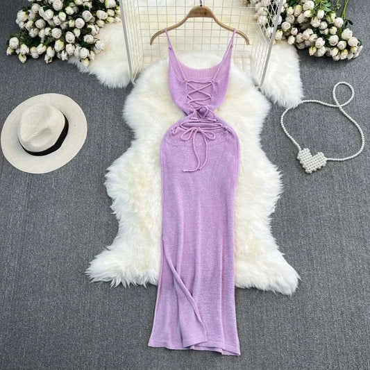 Blue/purple Summer Knit Sexy Strap Dress Women Tank Elatic Waist Bodycon Sundress Female Beach Split Backless Maxi Long Dress - M & M Global
