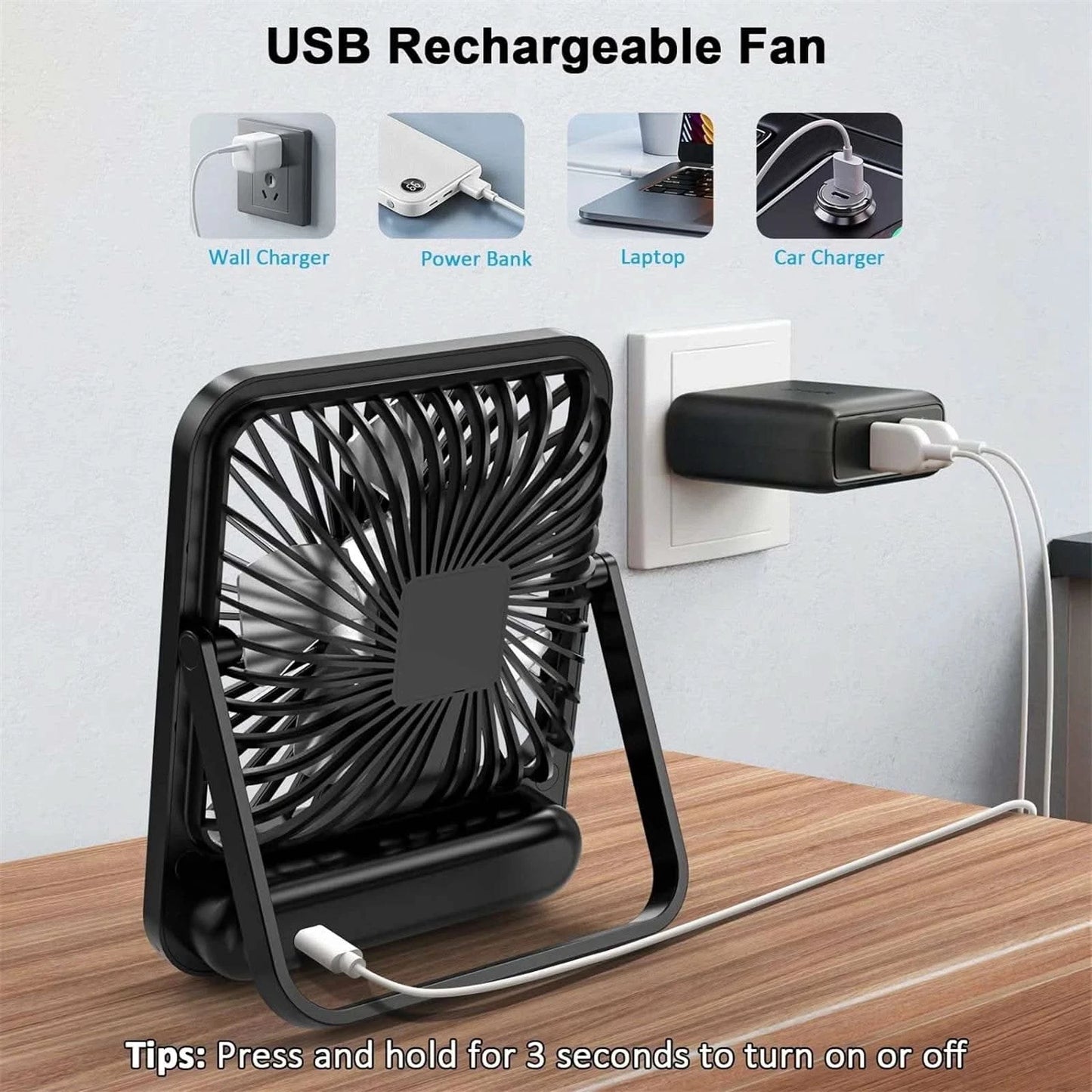 Desk Fan, Portable USB Rechargeable Fan, 180° Tilt Folding Personal Fan With Power Display, 5 Speeds Ultra Quiet Table Fan - M & M Global